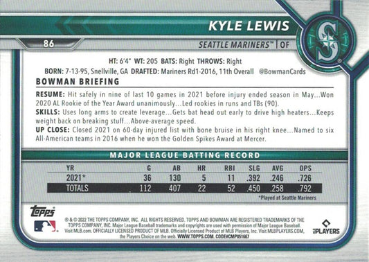2022 Bowman Kyle Lewis #86 Seattle Mariners