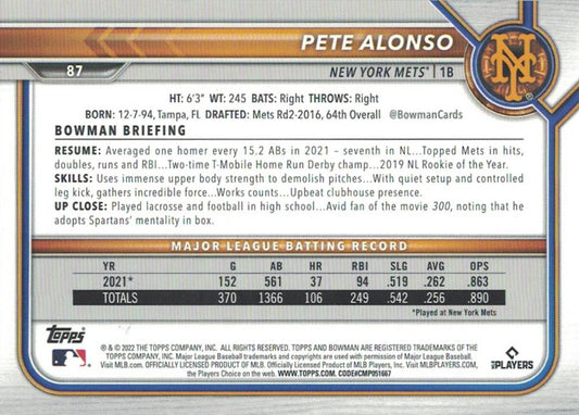 2022 Bowman Pete Alonso #87 New York Mets