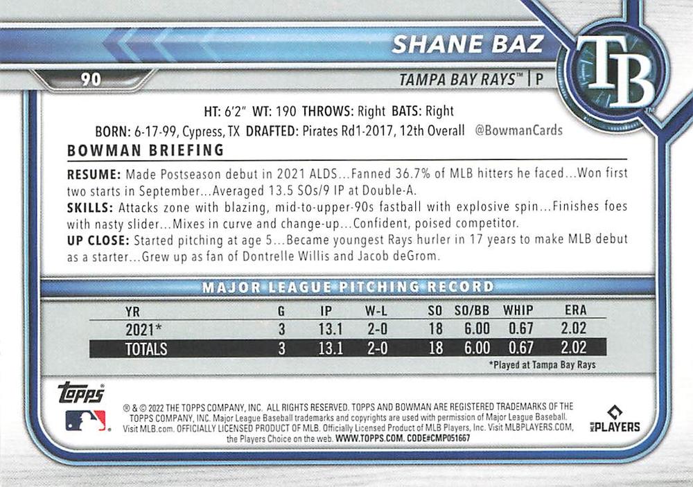 2022 Bowman Shane Baz #90 Tampa Bay Rays