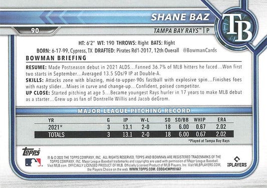 2022 Bowman Shane Baz #90 Tampa Bay Rays