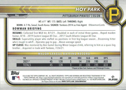 2022 Bowman Hoy Park #96 Pittsburgh Pirates