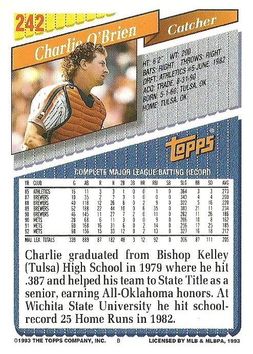 1993 Topps Charlie O'Brien # 242 New York Mets