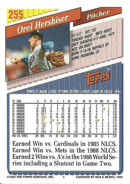 1993 Topps Orel Hershiser # 255 Los Angeles Dodgers