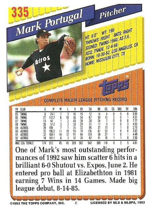 1993 Topps Mark Portugal # 335 Houston Astros