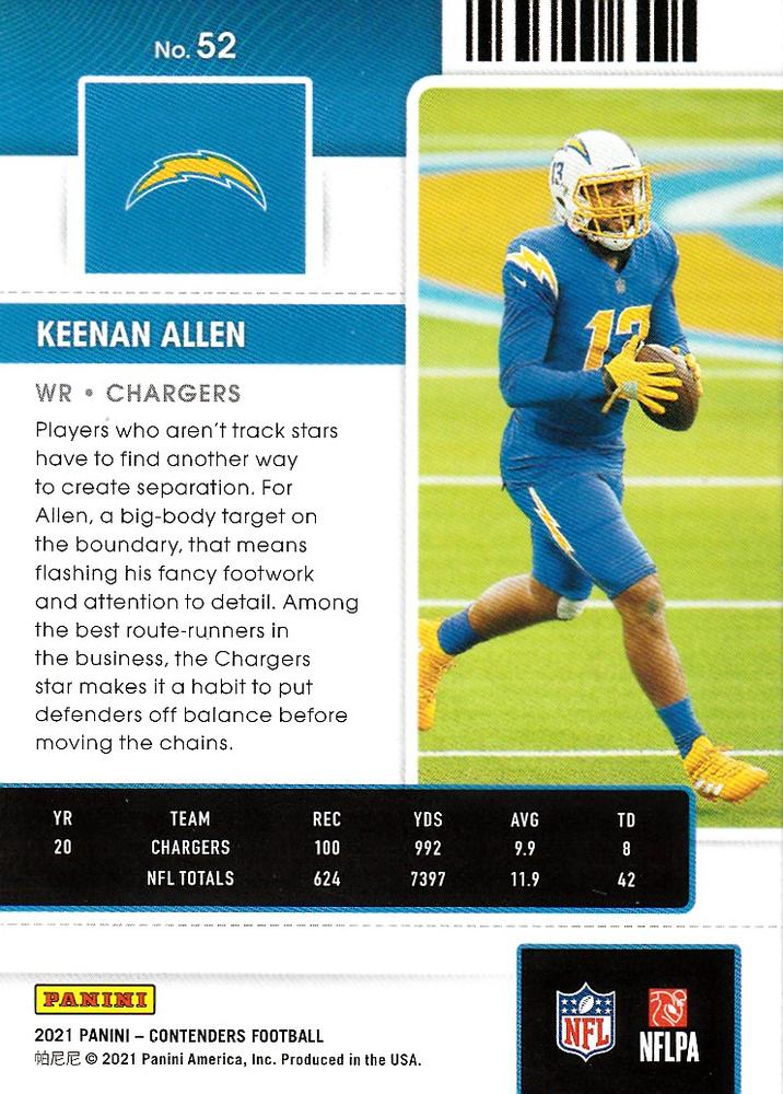2021 Panini Contenders Season Ticket Keenan Allen  #52 Los Angeles Chargers