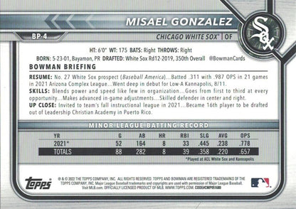 2022 Bowman Prospects 1st Bowman Misael Gonzalez FBC BP-4 Chicago White Sox