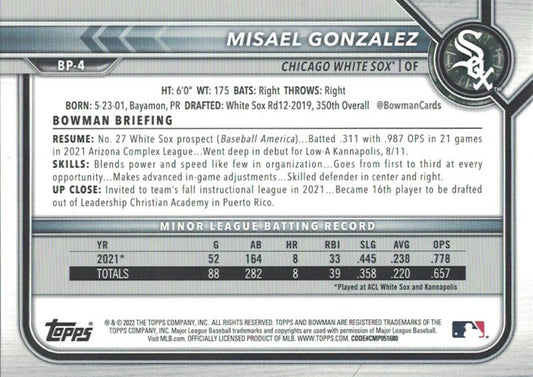 2022 Bowman Prospects 1st Bowman Misael Gonzalez FBC BP-4 Chicago White Sox