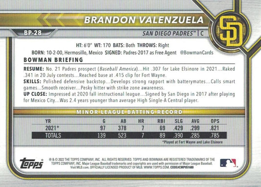 2022 Bowman Prospects 1st Bowman Brandon Valenzuela FBC BP-28 San Diego Padres