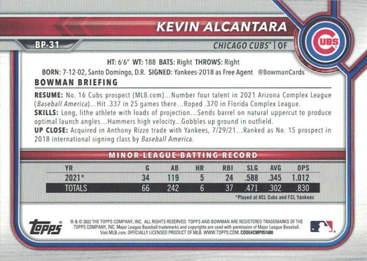 2022 Bowman Prospects Kevin Alcantara BP-31 Chicago Cubs
