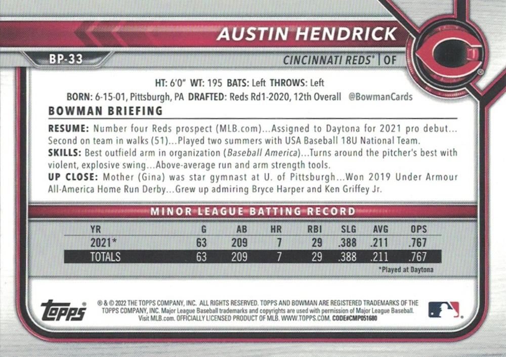 2022 Bowman Prospects Austin Hendrick BP-33 Cincinnati Reds