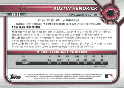 2022 Bowman Prospects Austin Hendrick BP-33 Cincinnati Reds