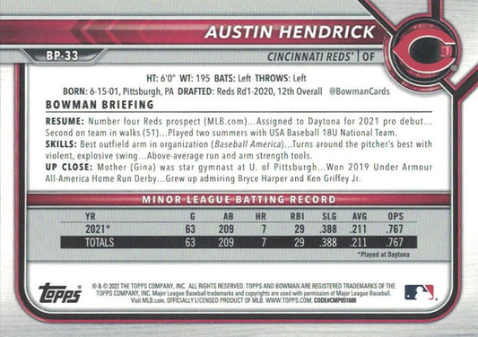 2022 Bowman Prospects Austin Hendrick BP-33 Cincinnati Reds