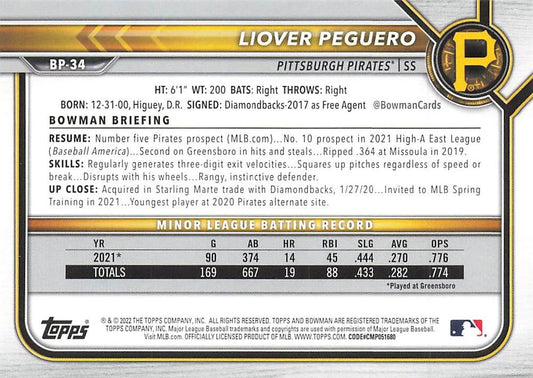 2022 Bowman Prospects Liover Peguero BP-34 Pittsburgh Pirates