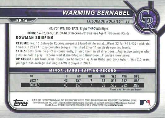 2022 Bowman Prospects 1st Bowman Warming Bernabel FBC BP-46 Colorado Rockies