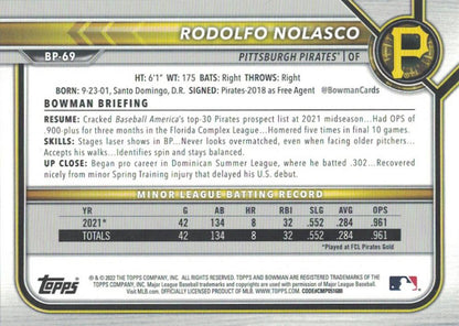 2022 Bowman Prospects 1st Bowman Rodolfo Nolasco FBC BP-69 Pittsburgh Pirates