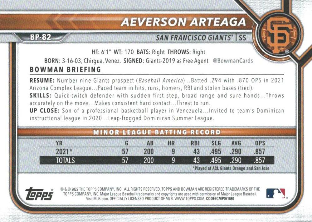 2022 Bowman Prospects 1st Bowman Aeverson Arteaga FBC BP-82 San Francisco Giants