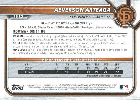 2022 Bowman Prospects 1st Bowman Aeverson Arteaga FBC BP-82 San Francisco Giants