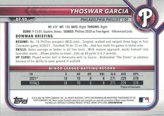 2022 Bowman Prospects 1st Bowman Yhoswar Garcia FBC BP-90 Philadelphia Phillies