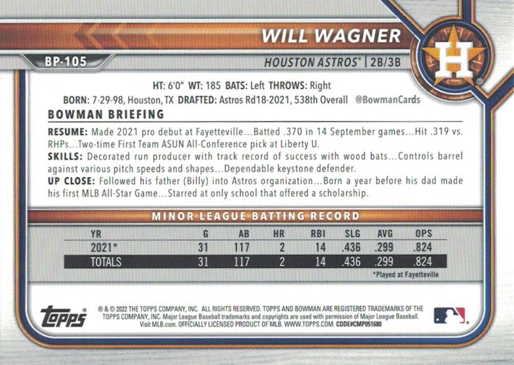 2022 Bowman Prospects 1st Bowman Will Wagner FBC BP-105 Houston Astros