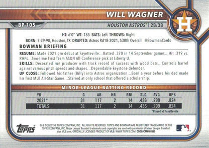 2022 Bowman Prospects 1st Bowman Will Wagner FBC BP-105 Houston Astros