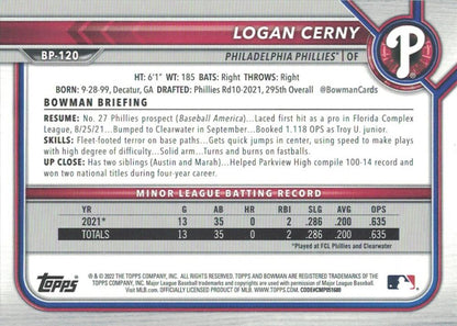 2022 Bowman Prospects 1st Bowman Logan Cerny FBC BP-120 Philadelphia Phillies