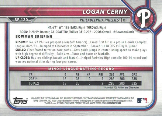 2022 Bowman Prospects 1st Bowman Logan Cerny FBC BP-120 Philadelphia Phillies