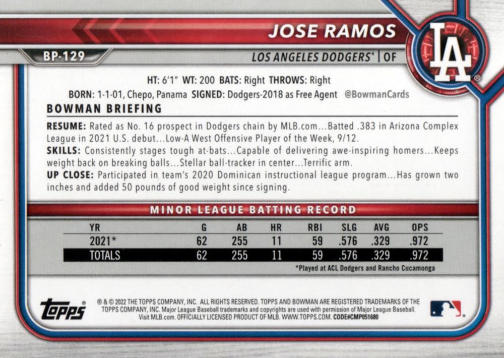 2022 Bowman Prospects 1st Bowman Jose Ramos FBC BP-129 Los Angeles Dodgers