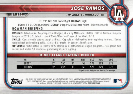 2022 Bowman Prospects 1st Bowman Jose Ramos FBC BP-129 Los Angeles Dodgers