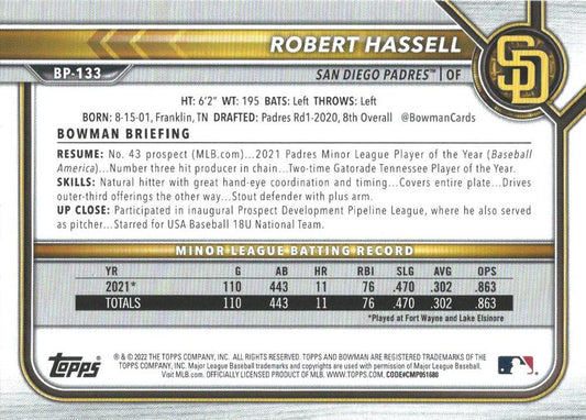 2022 Bowman Prospects Robert Hassell BP-133 San Diego Padres