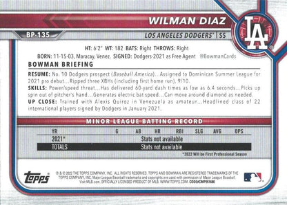 2022 Bowman Prospects Wilman Diaz BP-135 Los Angeles Dodgers