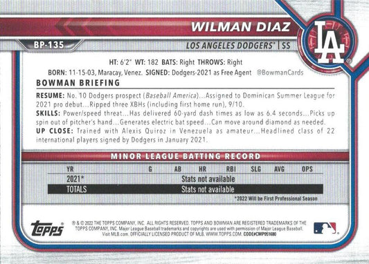 2022 Bowman Prospects Wilman Diaz BP-135 Los Angeles Dodgers