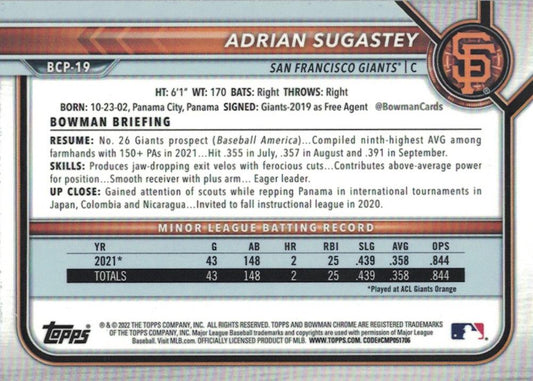 2022 Bowman Chrome Prospects 1st Bowman Adrian Sugastey FBC BCP-19 San Francisco Giants