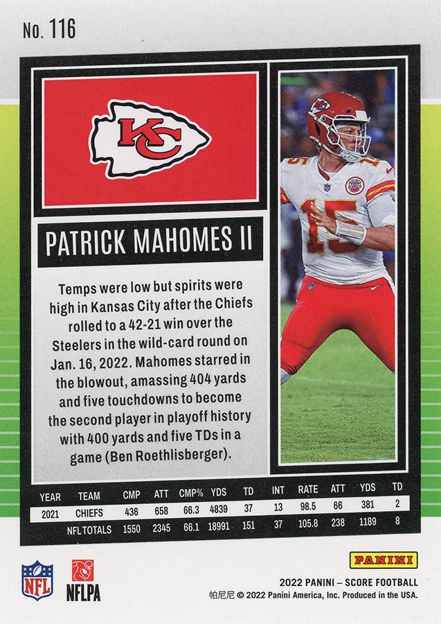 2022 Panini Score Base Patrick Mahomes II #116 Kansas City Chiefs