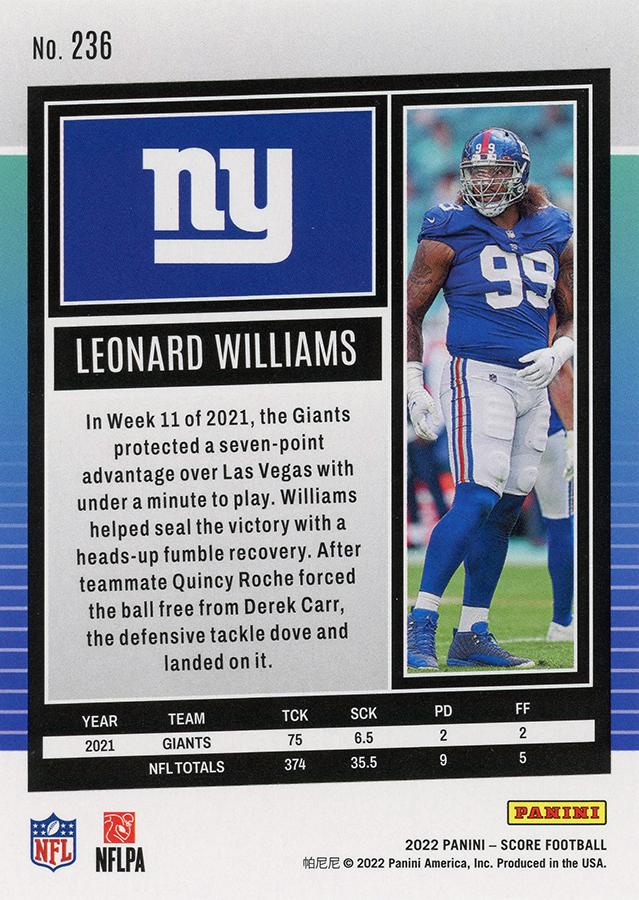 2022 Panini Score Base Leonard Williams #236 New York Giants