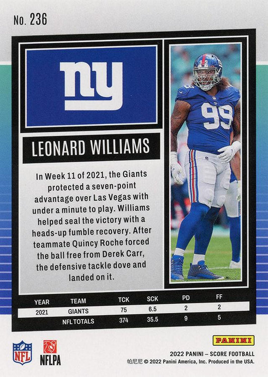 2022 Panini Score Base Leonard Williams #236 New York Giants