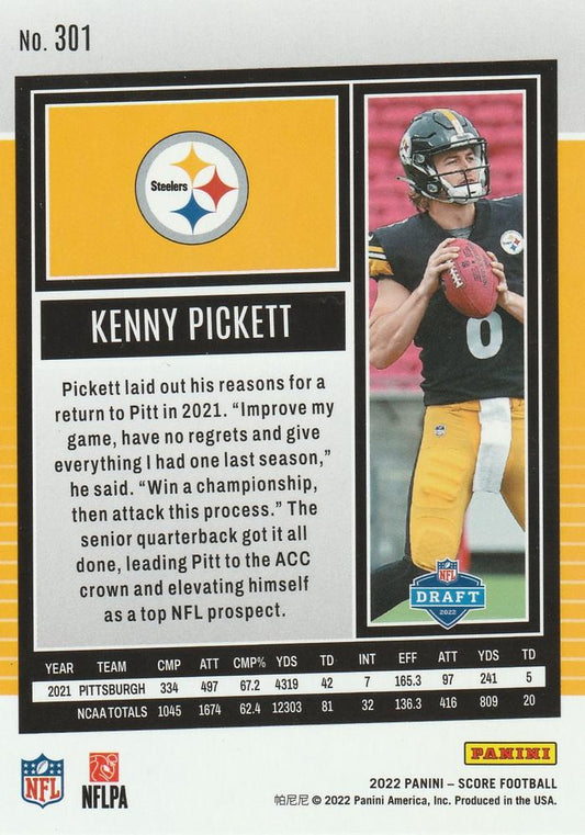 2022 Panini Score Rookies Kenny Pickett RC #301 Pittsburgh Steelers
