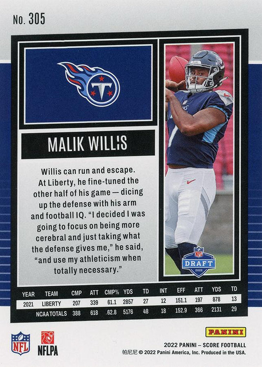 2022 Panini Score Rookies Malik Willis RC #305 Tennessee Titans