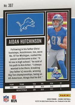 2022 Panini Score Rookies Aidan Hutchinson RC #307 Detroit Lions