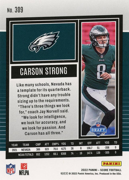 2022 Panini Score Rookies Carson Strong RC #309 Philadelphia Eagles
