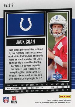 2022 Panini Score Rookies Jack Coan RC #312 Indianapolis Colts