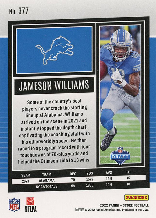 2022 Panini Score Rookies Jameson Williams RC #377 Detroit Lions