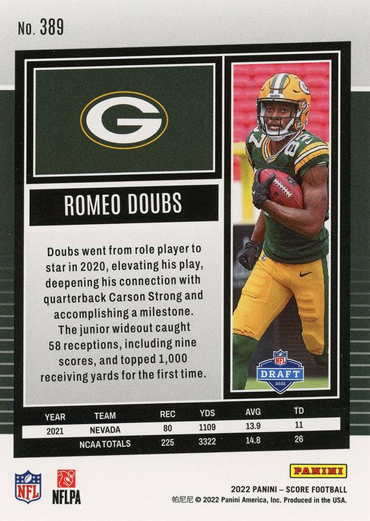 2022 Panini Score Rookies Romeo Doubs RC #389 Green Bay Packers