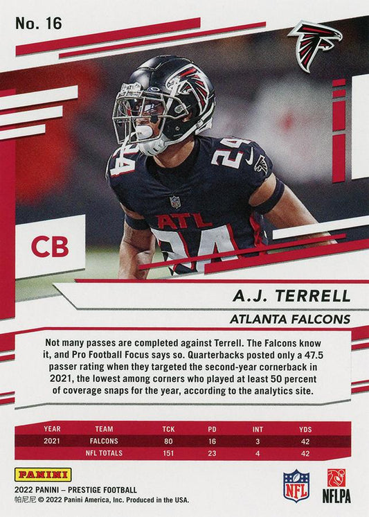 2022 Panini Prestige Base A.J. Terrell #16 Atlanta Falcons