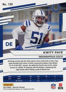 2022 Panini Prestige Base Kwity Paye #130 Indianapolis Colts