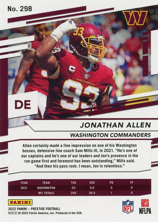 2022 Panini Prestige Base Jonathan Allen #298 Washington Commanders
