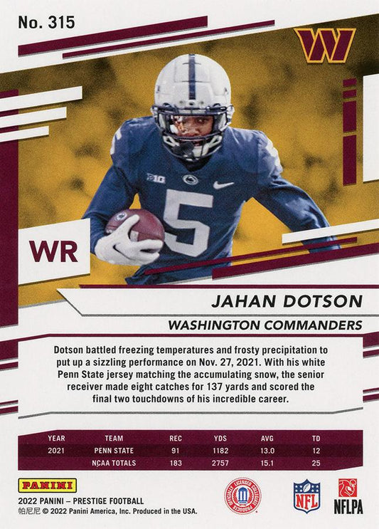 2022 Panini Prestige Rookies Jahan Dotson RC #315 Washington Commanders
