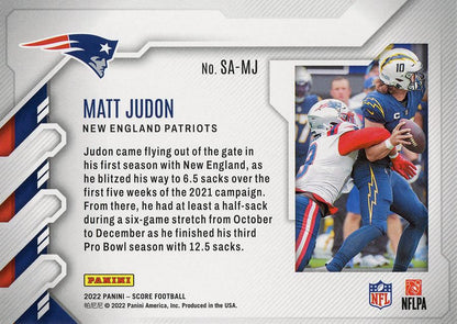 2022 Panini Score Sack Attack Matt Judon SA-MJ New England Patriots