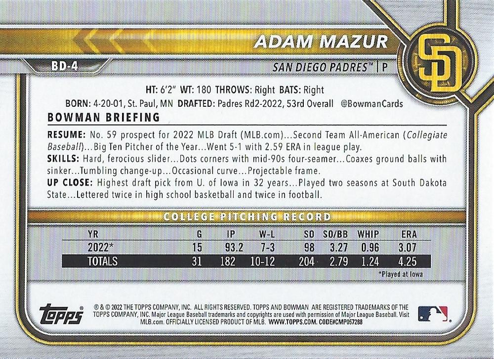 2022 Bowman Draft Adam Mazur FBC 1st Bowman BD-4 San Diego Padres