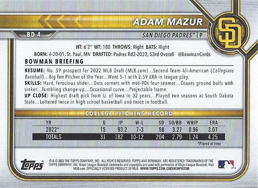 2022 Bowman Draft Adam Mazur FBC 1st Bowman BD-4 San Diego Padres
