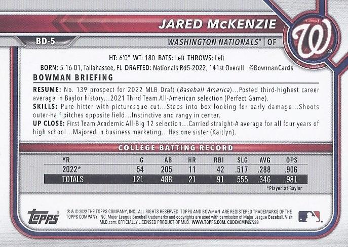 2022 Bowman Draft Jared McKenzie FBC 1st Bowman BD-5 Washington Nationals